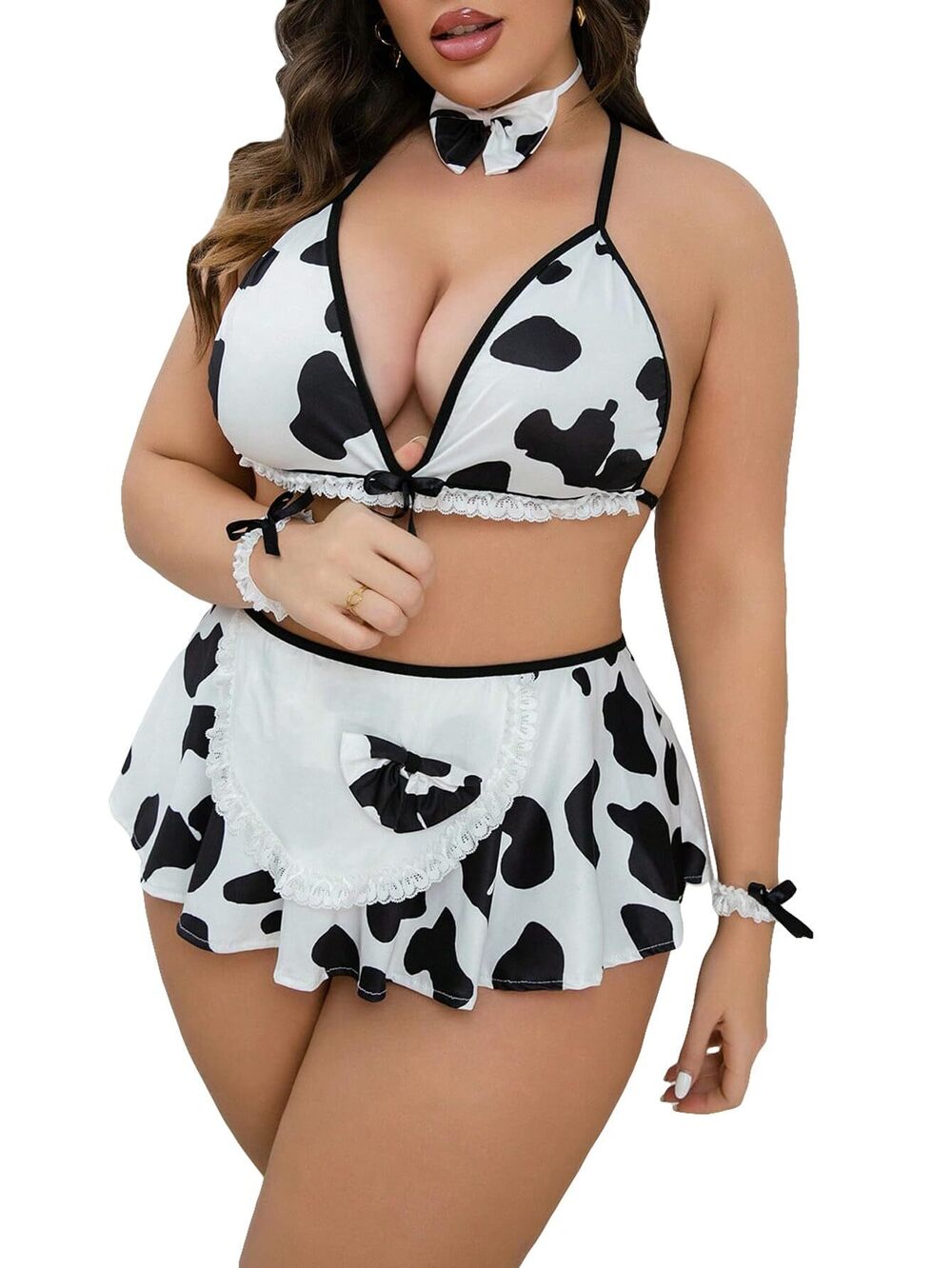 4054 Plus Size Cow Print Maid Costume Lace Trim Bralette and Skirt Lingerie